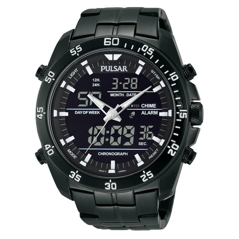 Pulsar Men's Digital &amp; Analog Black Ion Finish Stainless Steel Chronograph Watch