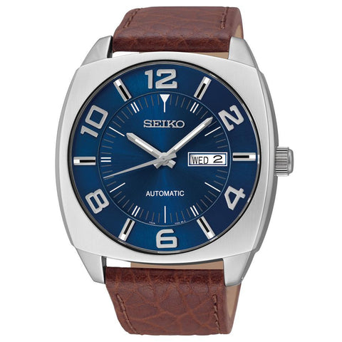 Seiko Mens Blue Dial Brown Leather Strap Automatic Watch