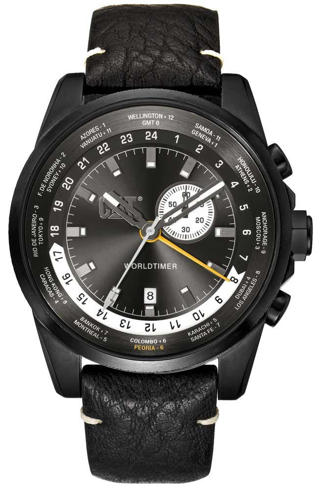 Caterpillar Worldtimer Black Leather Strap Watch