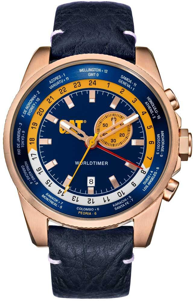 Caterpillar Worldtimer Rose Gold Blue Leather Strap Watch